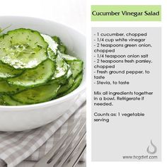 cucumber vinegar salad in a white bowl on a checkered table cloth with text