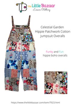 Funky and fun hippy boho overalls with two deep pockets on the side and a side zipper Adjustable length shoulder straps with two button options One free size fits a small up to a large, the fit will differ across size from slouchy to straight #bohodress #hippiestyle #patchwork Casual Sleeveless Patchwork Overalls, Spring Multicolor Patchwork Jumpsuits And Rompers, Spring Multicolor Cotton Jumpsuits And Rompers, Casual Cotton Jumpsuits And Rompers With Patchwork, Casual Cotton Jumpsuit And Romper With Patchwork, Casual Cotton Jumpsuit With Patchwork, Bohemian Patchwork Overalls For Spring, Summer Cotton Overalls With Patchwork, Spring Cotton Jumpsuits And Rompers, Hippie Style