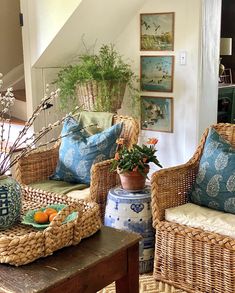 a living room with wicker chairs and plants in the corner, on instagram