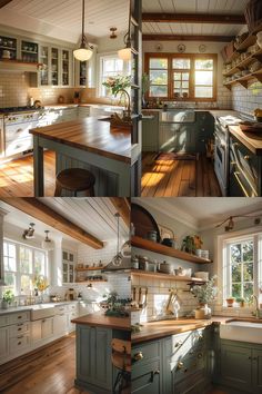 four pictures of kitchen with wooden floors and green cabinets, including an island in the middle