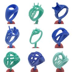 six different types of ring holders on top of each other in various shapes and sizes