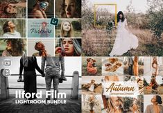 a collage of photos with the words,'fiord film lightroom bundle '