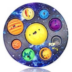 the solar system is painted on a plate with different faces and planets around it, as well as stars in the background