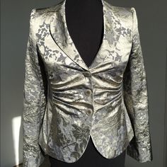 Gorgeous Armani Suit Never Worn, New With Tags. Size 8 Grey/Silver Floral Metallic Tapestry Lined Fitted Jacket. Cotton/Silk/Poly Blend Fabric Original Price On Tag $1,295.00. Made In Italy. Size 8 Light Grey Silk/Acetate Blend Full Flowy Pants. Original Price On Tag $720. Fitted Metallic Blazer For Formal Occasions, Elegant Metallic Long Sleeve Blazer, Elegant Metallic Outerwear For Work, Metallic Fitted Formal Outerwear, Metallic Fitted Outerwear For Formal Occasions, Fitted Silver Blazer For Evening, Elegant Fitted Metallic Outerwear, Elegant Silver Blazer For Evening, Elegant Long Sleeve Blazer For Festive Occasions