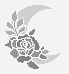 the moon with flowers on it is in front of a white background and gray lettering