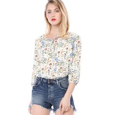 This blouse details a 3/4 raglan sleeve, tie neck, and floral print to show off your feminine. Suitable for spring, and summer situations, also style with your favorite shorts or skirts for a casual look. Look boho-chic for any cool season in a tie neck blouse. It's cut from a lightweight flowy material and the fabric keeps you cool that good for summer. Size: small. Color: white. Gender: female. Age Group: adult. Material: Polyester. Fall Floral Print Half Sleeve Blouse, Half Sleeve Floral Print Top For Day Out, Floral Print Half Sleeve Tops For Day Out, White Half Sleeve Blouse For Spring, Half Sleeve Tops For Spring And Summer, Half Sleeve Blouse For Daywear, Spring, Printed Half Sleeve Summer Blouse, Summer Printed Half Sleeve Blouse, Spring Daywear Blouse With 3/4 Sleeves