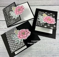 three cards with pink flowers on them