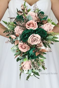 a bridal bouquet with pink roses and greenery is shown in this advert