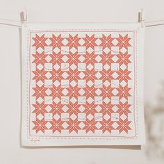 a red and white quilt hanging on a clothes line with a plant in the background