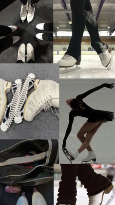 several different pictures of ice skating shoes and their laces on the ground, with one woman's feet in the air