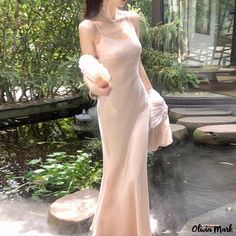 Olivia Mark - Copper Ammonia Silk Sling Dress with Waist Cinched Design, Simple and Elegant Floor-Length Fairy Dress Simple Silk Dress, Silk Dresses, Sling Dress, Fairy Dress, Design Simple, Types Of Skirts, Cinched Waist, A Line Skirt, Types Of Collars