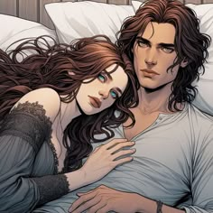 a man and woman laying in bed next to each other with their arms around each other