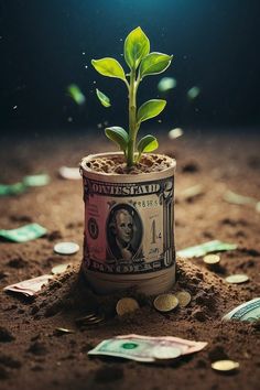 a plant sprouting out of a can filled with money on top of dirt