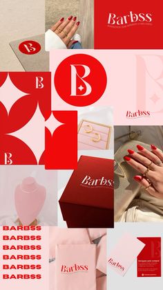 a collage of photos with red and pink colors, including the logo for babs