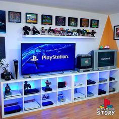 the entertainment center is decorated with video game memorabilia