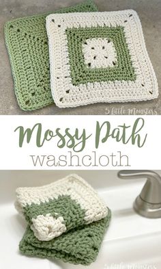 crocheted dishcloths with the words mossy path washcloth