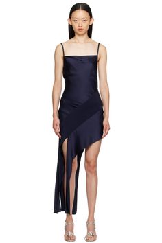 Helmut Lang: Navy Slash Minidress | SSENSE Silk Slip Dress With Side Slits For Evening, Evening Midi Dress With Asymmetrical Hem And Bias Cut, Fitted Satin Asymmetrical Dress, Fitted Satin Dress With Asymmetrical Hem, Fitted Silk Satin Dress With Side Slits, Sleeveless Silk Asymmetrical Dress For Gala, Satin Midi Dress With Bias Cut And Asymmetrical Hem, Silk Midi Dress With Asymmetrical Hem For Evening, Satin Midi Dress With Asymmetrical Hem