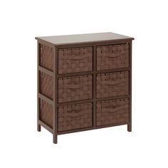 a brown dresser with four wicker drawers