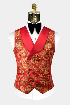 Red and Gold Tuxedo Suit Red And Gold Tuxedo, Gold Prom Suit, Red Tux, Damask Material, Red And Gold Quince, Gold Tuxedo, Elegant Vibes, Gold Suit, Golden Embroidery