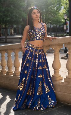 Lehenga With Mirror Work, Royal Blue Lehenga, Mirror Work Lehenga, Pink Dupatta, Add Sleeves, Blue Lehenga, Gold Mangalsutra Designs, Mangalsutra Designs