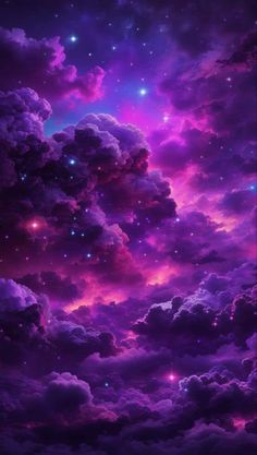 the sky is filled with purple clouds and stars, as if they were floating in space