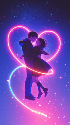 a man and woman standing in the shape of a heart with neon lights around them