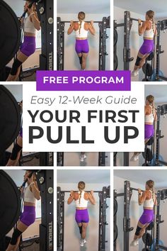 a woman in purple shorts and white shirt doing squats on a pull up machine