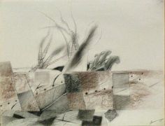 an abstract drawing with lines and shapes in grey tones on a white background, the image is made from graphite