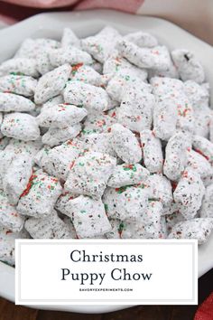 a white bowl filled with christmas puppy chow