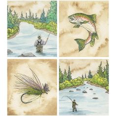 four watercolor paintings of different types of fish and fly fishermans in the river