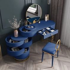 a blue vanity table and chair in a room