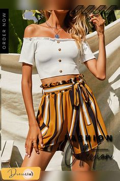 Stripe Print Ruffle Belt Off Shoulder Two Pieces Suit Suit For Ladies, Holiday Outfits Casual, Summer Suit, Women's Outfits By Occasions, Tops Plus Size, Summer Suits, Business Formal, Dresses Party, Chic Clothes