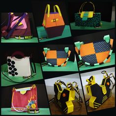 several pictures of different bags made out of paper and colored material, including one with handles