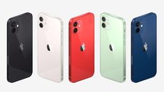 four different colored iphones are shown in the same color and size, one is red, white, blue, green