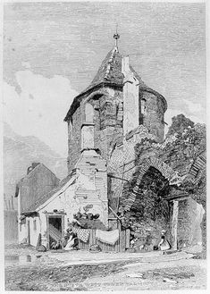 an old drawing of a building with a tower and two people sitting on the ground