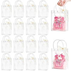 clear plastic bags with pink and white bows on the handles are shown in different positions