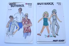 two vintage butterick sewing patterns, one in blue and the other in red