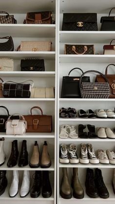 a closet filled with lots of different types of purses