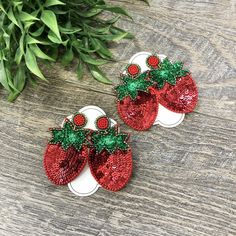 Sequin and Beaded Strawberry Earrings - Tropical, Fruity! Fun & Stylish! Red and green! Lightweight! Perfect 2 1/2 inch length! Post back! Beaded Strawberry Earrings, Beaded Strawberry, Strawberry Earrings, Cherry Earrings, Fruit Earrings, Summer Earring, Square Bead, Rhinestone Bead, Sequin Beading