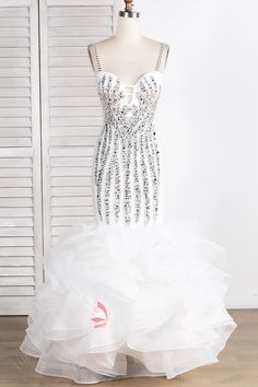 White Tulle Pageant Dress For Prom Season, Glamorous White Dress For Debutante Ball, Glamorous White Evening Dress For Debutante Ball, Elegant White Prom Pageant Dress, Elegant White Pageant Dress For Prom, White Pageant Dress For Prom Season, Fitted White Pageant Dress For Prom Season, White Pageant Dress For Prom Season Party, White Mermaid Dress For Prom Season