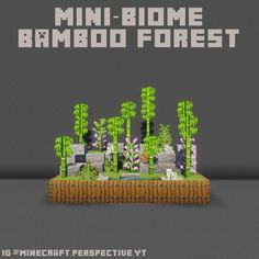 an image of a pixellated landscape with trees and bushes in the foreground text reads mini - biome bamboo forest