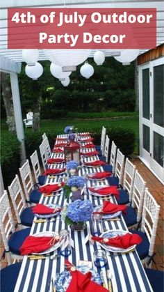 an outdoor dining area with blue and white striped table cloths, red and white placemats, and hanging lanterns