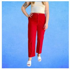 These vintage 80's trousers are such a cute yet comfy find. They are a beautiful bright red colour on a corduroy base. There are two deep pockets in the front and one in the back that has a button for closure. Additionally, the waist band is elastic to create a super comfortable fit. There is a button and red zipper that matches the pants. These trousers are in perfect condition as there are no stains, rips, or discolourations of any kind.  The care tag has been removed so I am not sure what material they are made out of. They have a minor amount of stretch to them but not much. The waist is 30 inches but can stretch to 41 inches since the waist band is elastic. For reference, the model has a 34/35 inch waist and 43 inch hips. If you have any additional questions or would like more photos Cord Hose, Cassie Skins, Skins Uk, Cut Out Shapes, Corduroy Trousers, Grey Blazer, Red Colour, Care Tag, Waist Band