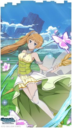 an anime character with long hair holding a wand in her hand and standing on the grass