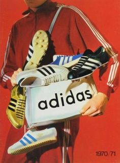 an advertisement for adidas with a man holding several pairs of shoes in his hand