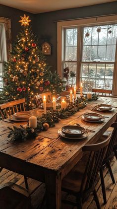 a dining room table set for christmas with candles and plates on it, surrounded by greenery