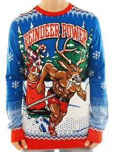 Get into the festive spirit with the Reindeer Power Ugly Christmas Sweater! Designed by Ugly Christmas Party, this hilarious sweater is perfect for those who want to stand out at their next holiday party. In this workout sweater, Santa's Reindeer are elite sled pullers. They never skip an exercise day! Made with high-quality materials, this knitted ugly Christmas sweater combines the classic elements of an ugly sweater with the fun and excitement of this unique design. The Reindeer Power Ugly Ch Holiday Graphic Print Sweater, Workout Sweater, Santa's Reindeer, Reindeer Sweater, Christmas Sweater Party, Funny Christmas Sweaters, Christmas Sweater Men, Ugly Christmas Sweater Party, Ugly Sweater Party