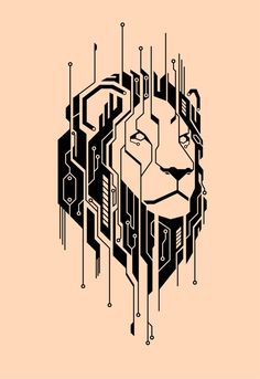 a stylized image of a lion's head in black and white on an orange background