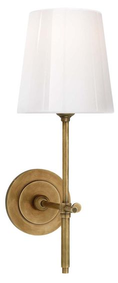 a wall light with a white shade on the top and bottom part of it's arm