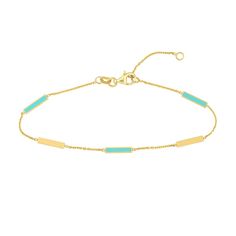 Complement any attire with this easy-to-style alternating station bracelet. 14K gold. Features bar-shaped stations alternating in polished and turquoise enamel finishes. Diamond-cut details add a hint of shimmer. 6.25 to 7.25-inch adjustable cable chain bracelet with lobster claw clasp. Bar Station, Cable Chain, Chain Bracelet, Diamond Cuts, Turquoise, Chain, Gold